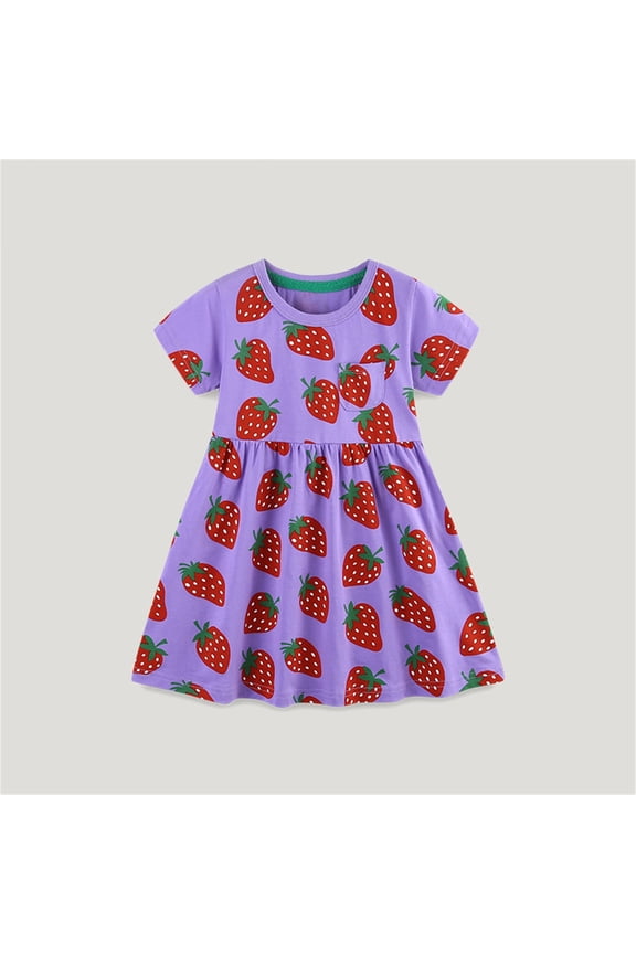 Girl's Strawberry Print Short Sleeve Play Dress Summer Casual Cute Dress, Sizes 1-7