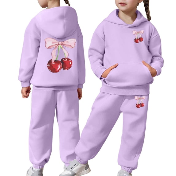 WOYY Girl's Sweatsuit Cute Cherry Print Hoodie Sweatpants Outfits, Sizes 2-13