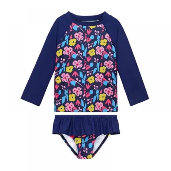 WOYY Girl's Tropical Print Swimsuit 2 Piece Long Sleeve Rash Guard and Bikini Bottom Bathing Suit, Sizes 2-8