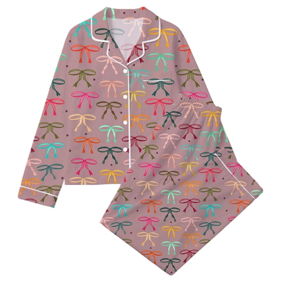 WOYY Girls 2-Piece Pajamas Bow Print Long Sleeve Button Front Top Pants PJ Set, Sizes 3-14