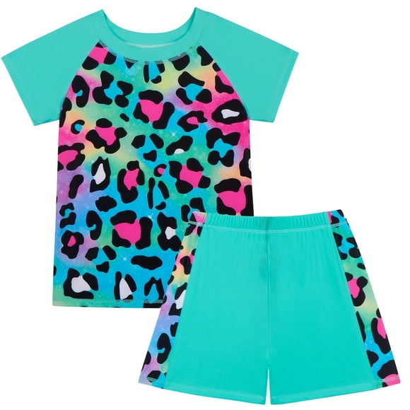 WOYY Girls 2-Piece Swimsuit Leopard Print Short Sleeve Rash Guard Swim Shorts Bathing Suit, Sizes 4-12