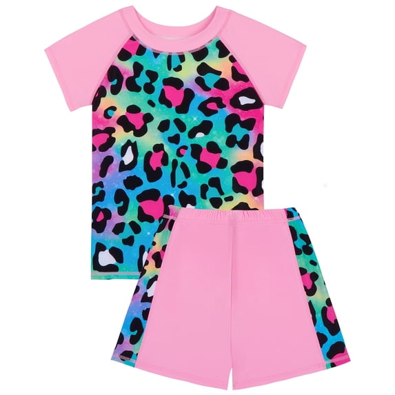 WOYY Girls 2-Piece Swimsuit Leopard Print Short Sleeve Rash Guard Swim Shorts Bathing Suit, Sizes 4-12