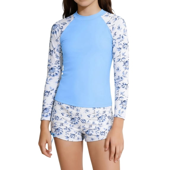 WOYY Girls 2 Piece Swimsuit Long Sleeve Rash Guard Boyshorts Bathing Suit, Sizes 9-10