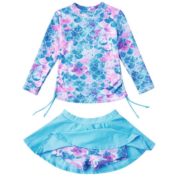 WOYY Girls 2-Piece Swimsuit Long Sleeve Rash Guard Swin Skorts Bathing Suit, Sizes 7-8