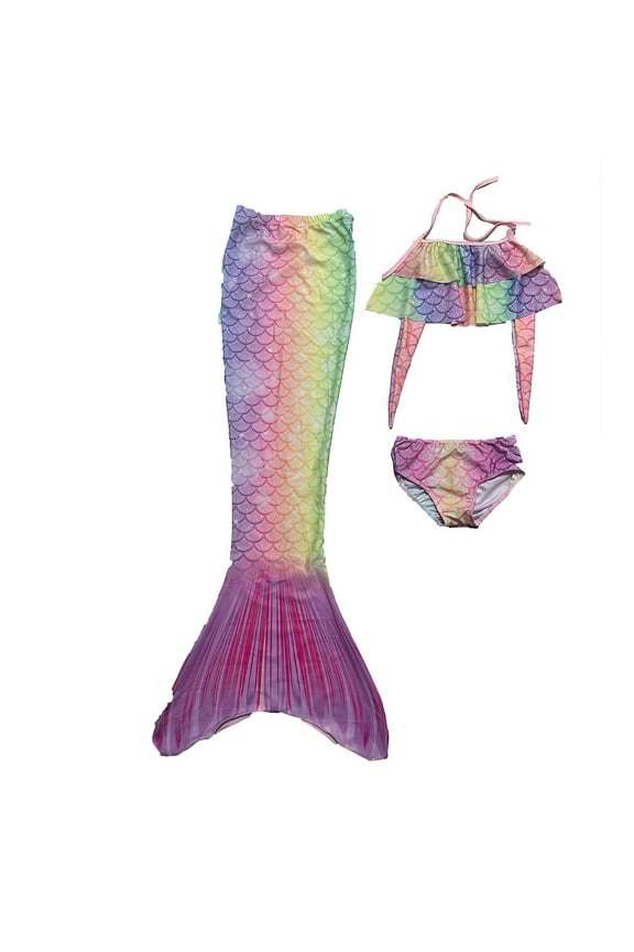 Girls 3-Piece Swimsuit Bikini Fish Tail Set Bathing Suits Beach Swimwear, Sizes 3-12