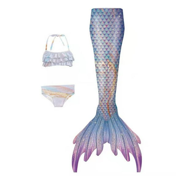 WOYY Girls 3-Piece Swimsuit Performance Ruffle Bikinis Fish Tail Bathing Suit, Sizes 4-9