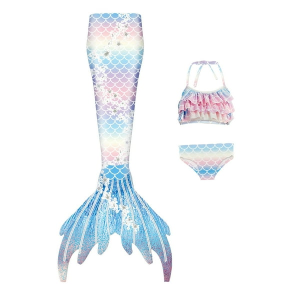 WOYY Girls 3-Piece Swimsuit Princess Ruffle Bikini Fish Tail Set Bathing Suit, Sizes 4-9