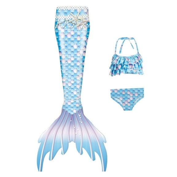 WOYY Girls 3-Piece Swimsuit Princess Ruffle Bikini Fish Tail Set Bathing Suit, Sizes 4-9