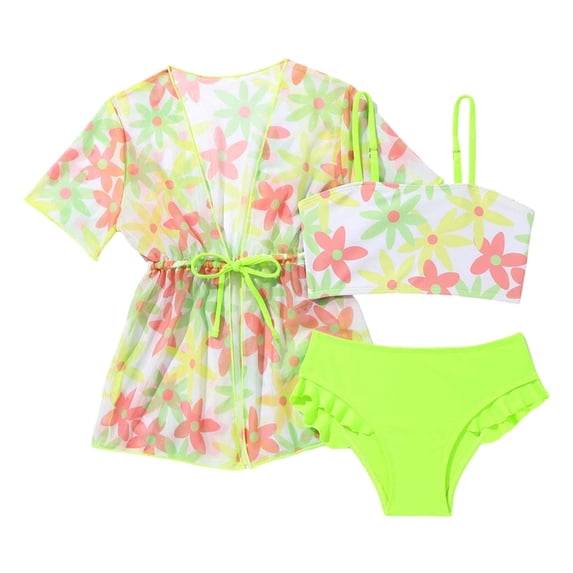WOYY Girls 3 Piece Swimsuits Flower Print Ruffle Bikini Set Cover-Up Swimming Suit, Sizes 3-4