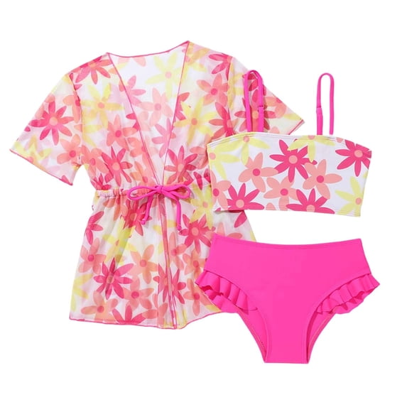 WOYY Girls 3 Piece Swimsuits Flower Print Ruffle Bikini Set Cover-Up Swimming Suit, Sizes 4-5