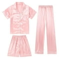 thumbnail image 1 of WOYY Girls 3 Pieces Loungewear Set Silk Satin Button Down Shirt Shorts Pants Sleepwear Set, Sizes 3-13, 1 of 2