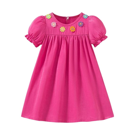 WOYY Girls 3D Flower A Line Dress Casual Ruffle Puff Sleeve Midi Play Dress, Red, Size 2-8