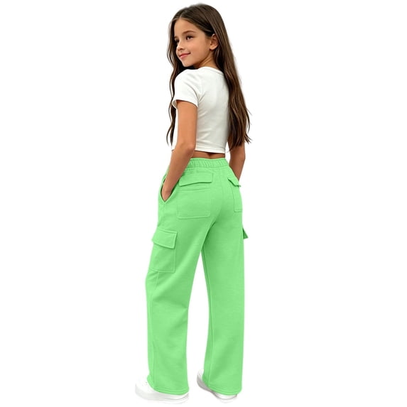 WOYY Girls Active Cargo Pants Elastic Waist Straight Leg Jogger Pants, Sizes 5-14, Green
