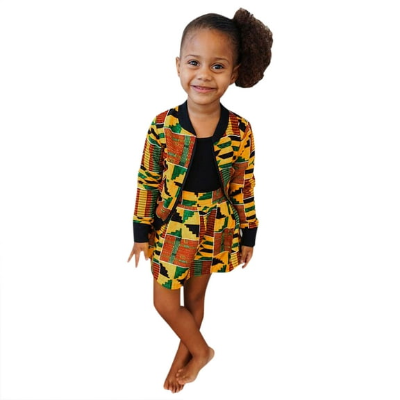 WOYY Girls African Bohemia Style Outfits Long Sleeve Zip-Up Jacket and Skirt Set