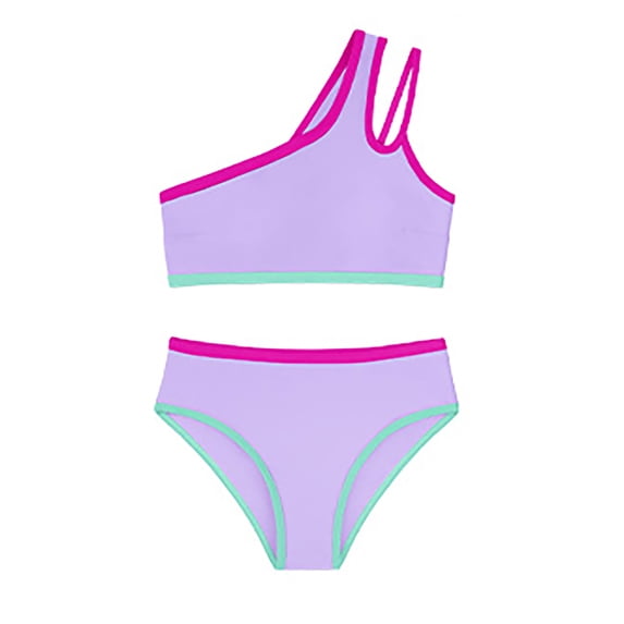 WOYY Girls Athletic Swimsuit One Shoulder Bathing Suit Quick-Dry Bikini Set, Sizes 7-16