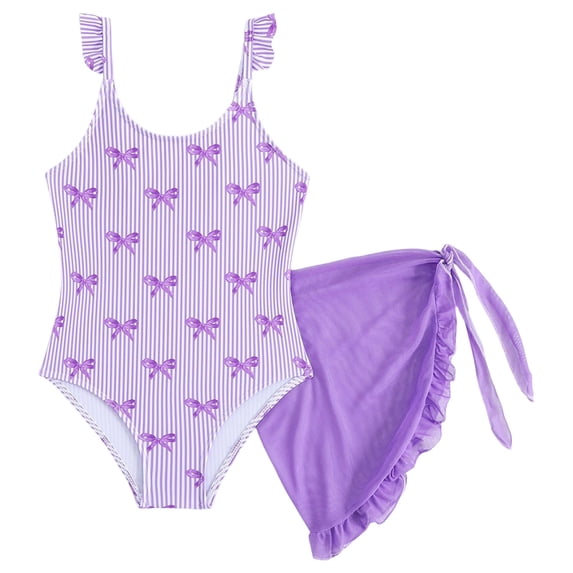 WOYY Girls Bathing Suit Striped Bow Print One-Piece Swimsuit with Ruffle Cover Up, Sizes 4-8