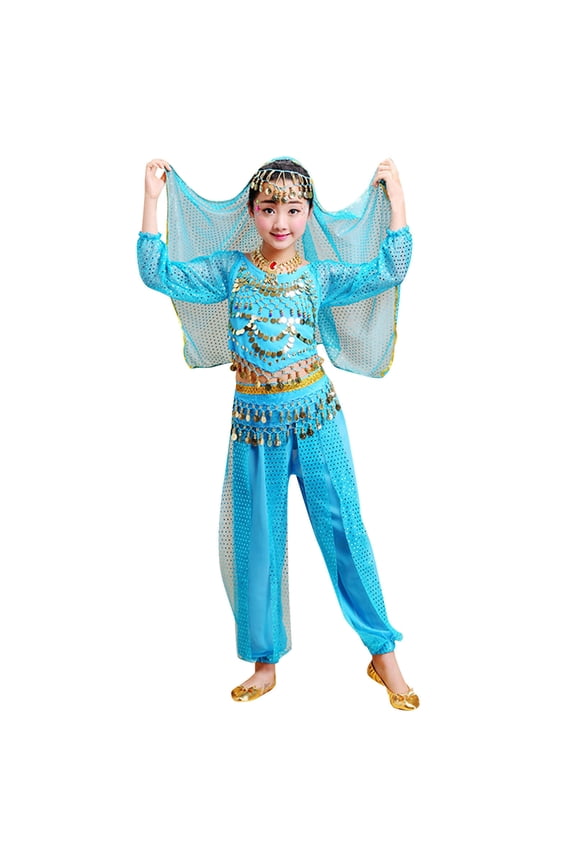 Girls Belly Dance Long Sleeve Crop Top Mesh Pants Outfits, Sizes 3-12