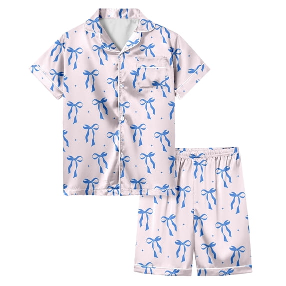 WOYY Girls Bow Outfit Set Button-Down Short Sleeve Shirt Shorts Sleepwear, Sizes 3-4T