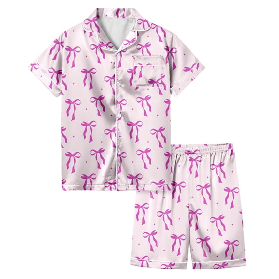 WOYY Girls Bow Outfit Set Button-Down Short Sleeve Shirt Shorts Sleepwear, Sizes 3-4T
