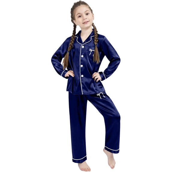 WOYY Girls Bow Outfits Satin Long Sleeve Button Up Shirt Pants Sleepwear, Sizes 9-10
