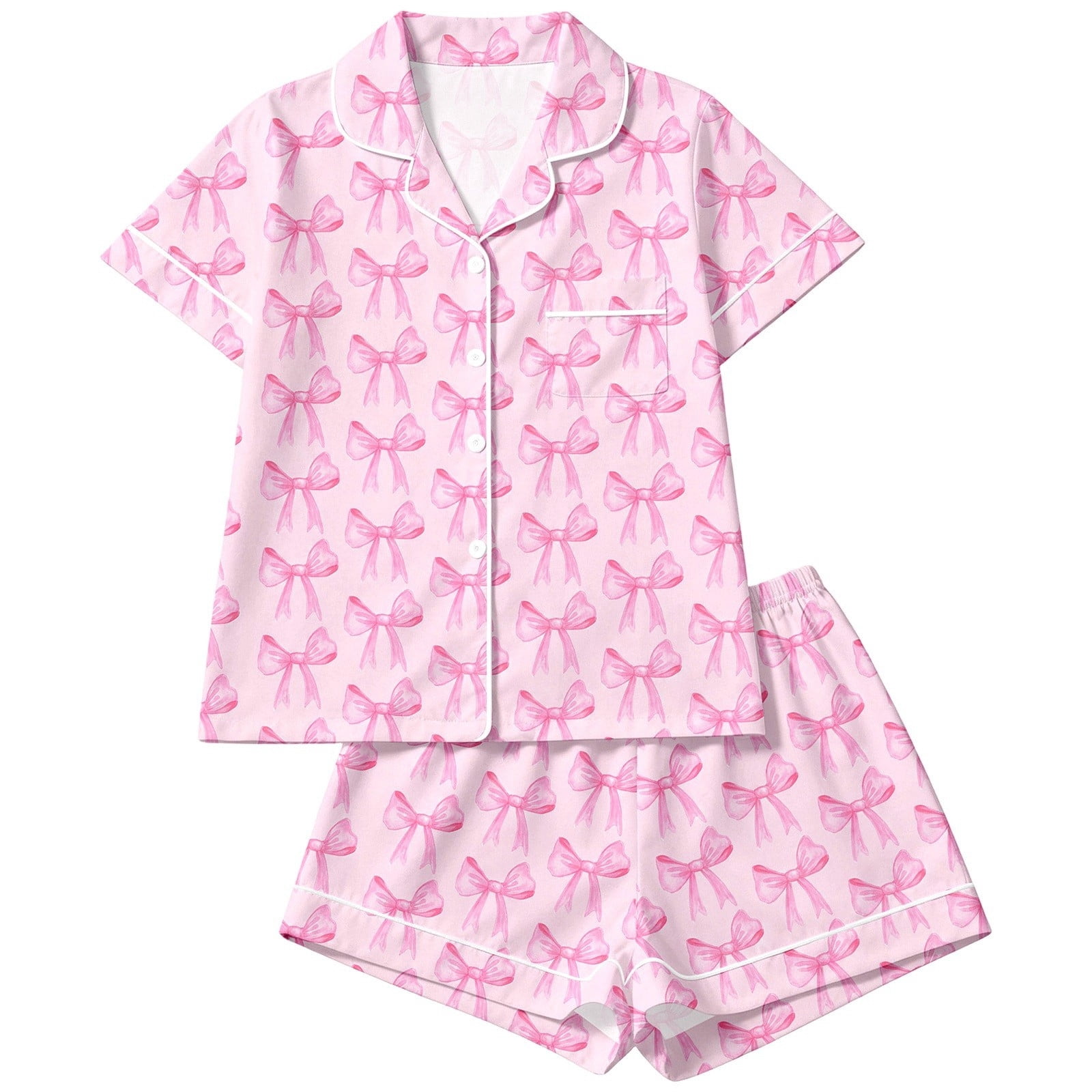WOYY Girls Bow Pajamas Short Sleeve Button Up Shirt Shorts Comfy ...