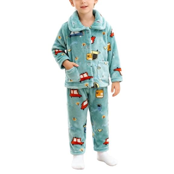 WOYY Girls Boys Flannel Pajamas Cartoon Sleepwear Coat Pants Cozy Loungewear, Sizes 2-3T