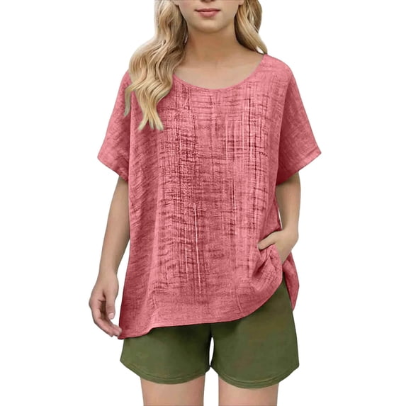 WOYY Girls Breathable Linen Shirt Loose Fit Short Sleeve Round Neck T-Shirt, Sizes 2-16