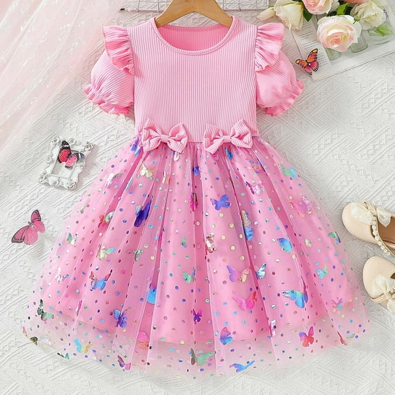 WOYY Girls Butterfly Print Mesh Ribbed Dress Summer Casual Short Sleeved Dress, Sizes 1-8