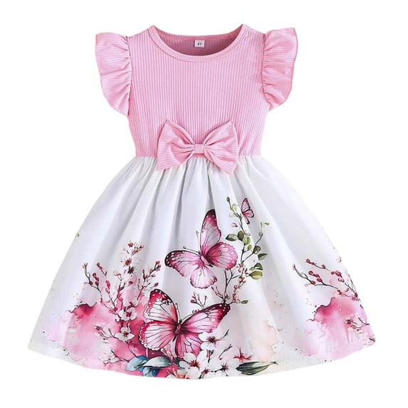 WOYY Girls Butterfly Print Ribbed Dress Ruffle Sleeveless Summer Casua Dress, Sizes 2-7