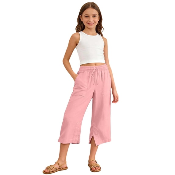 WOYY Girls Capri Pants Elastic Waist Loose Side Slit Capris with Pocket, Sizes 5-15, Pink