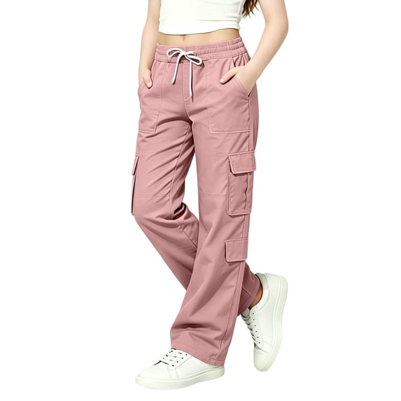 WOYY Girls Cargo Pants Elastic Waist Drawstring Outdoor Hiking Pants, Sizes 5-14, Pink