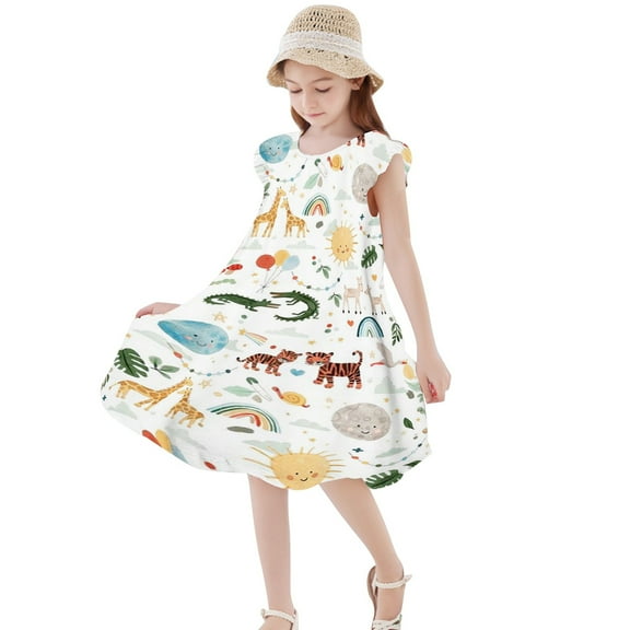 WOYY Girls Cartoon Animal Print Flutter Sleeve Dress Summer Casual Cute Dress, Sizes 3-10