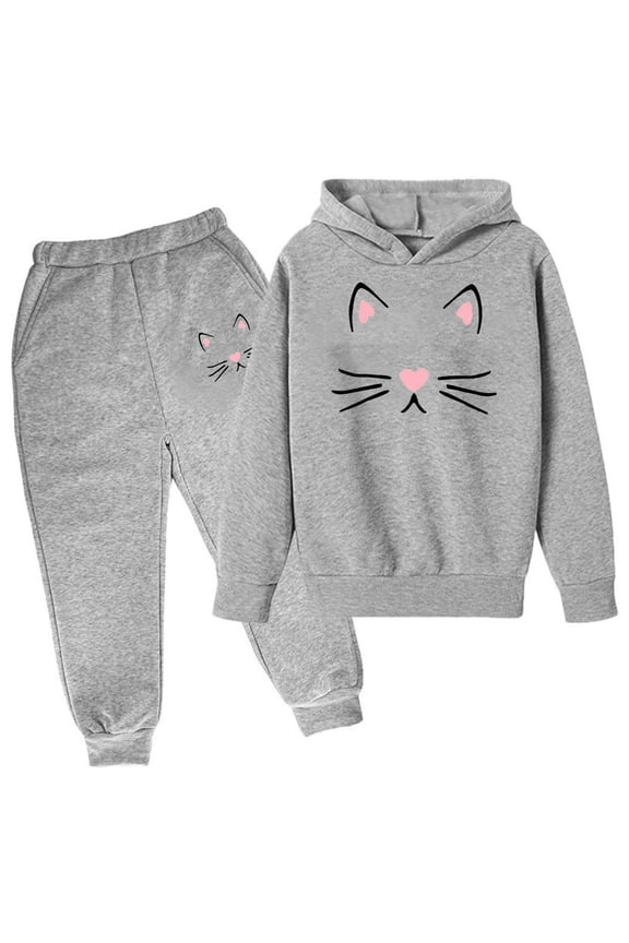 Girls Cartoon Cat Print Hoodie Sweatpants Outfits Casual Active Sweatsuit, Sizes 3-14