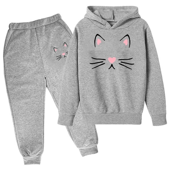 WOYY Girls Cartoon Cat Print Hoodie Sweatpants Outfits Casual Active Sweatsuit, Sizes 3-14