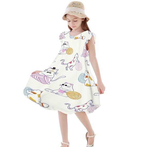 WOYY Girls Cartoon Cat Print Ruffle Sleeve Dress Summer Casual A-Line Dress, Sizes 3-10