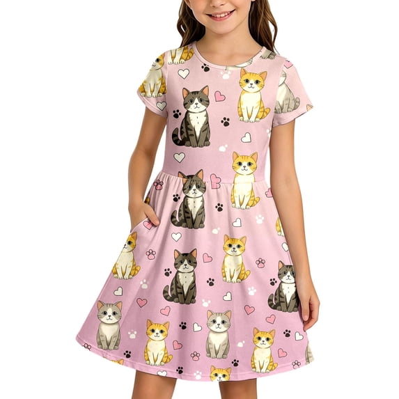 WOYY Girls Cartoon Cat Short Sleeve Midi Dress Cute Dress with Pockets, Pink, Sizes 4-14