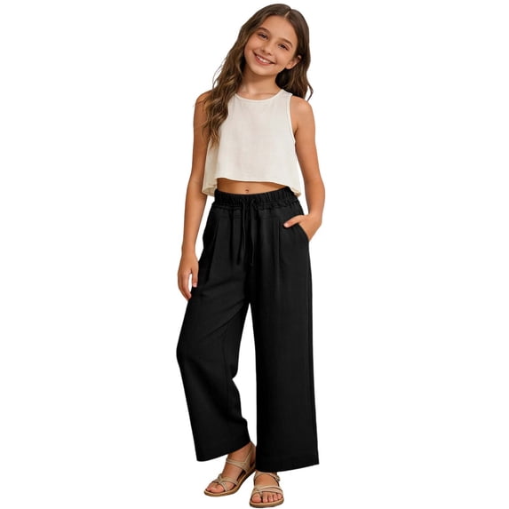 WOYY Girls Casual Beach Pants Elastic Waist Drawstring Soft Loose Fit Trousers, Black