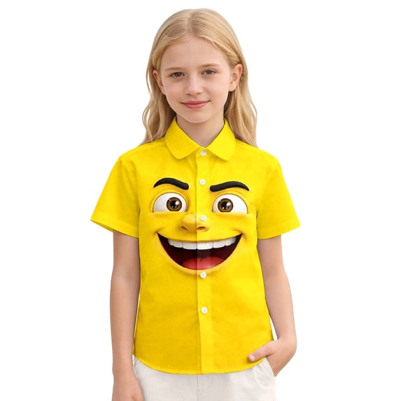 WOYY Girls Casual Beach Shirt Funny Expression Short Sleeved Button Down Shirt, Sizes 3-15