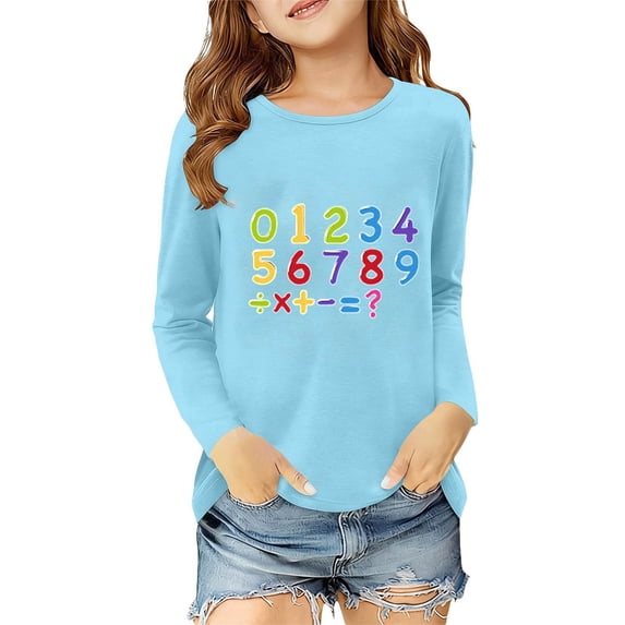 WOYY Girls Casual Long Sleeve T Shirt Digital Print Loose Fit Crew Neck T Shirt, Sizes 3-14