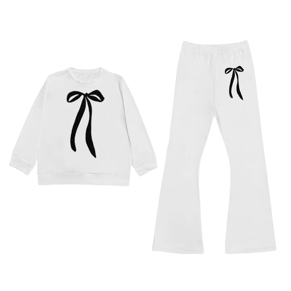 WOYY Girls Casual Outfits Bow Crewneck Sweatshirt and Flared Pants Set Kids 2Pcs Set, Sizes 3-10