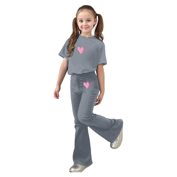 WOYY Girls Casual Outfits Heart Print Short Sleeve T Shirt Flared Pants Set, Sizes 7-13