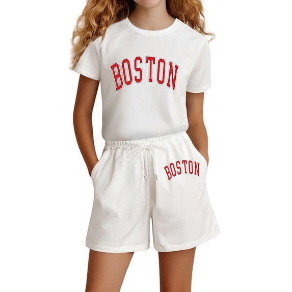 WOYY Girls Casual Summer Outfits Boston Print Short Sleeve T Shirt Shorts Set, Sizes 13-14