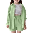 thumbnail image 1 of WOYY Girls Casual Summer Outfits Linen Solid Long Sleeve Button Down Shirt Shorts Set, Sizes 5-14, 1 of 8