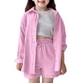 thumbnail image 1 of WOYY Girls Casual Summer Outfits Linen Solid Long Sleeve Button Down Shirt Shorts Sets, Sizes 5-14, 1 of 8