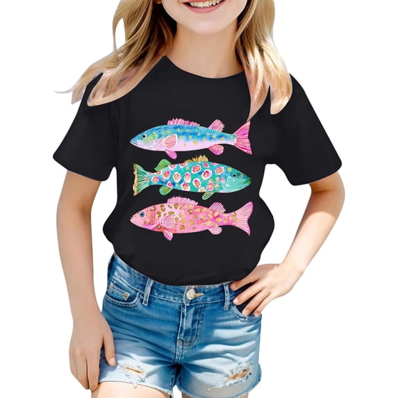 WOYY Girls Casual T-Shirt Fish Print Short Sleeve Crewneck Tshirt Graphic Tee, Black, Sizes 1-14