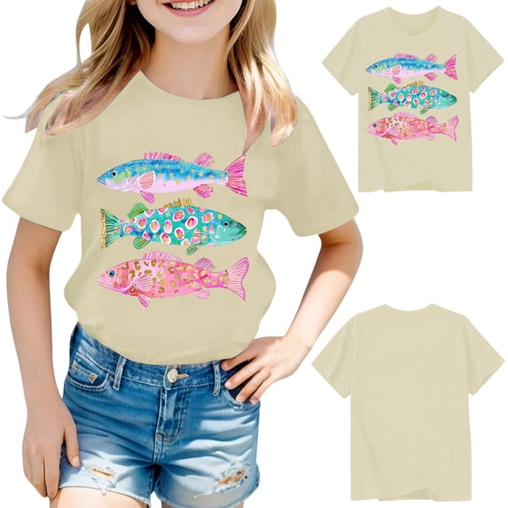 WOYY Girls Casual T-Shirt Fish Print Short Sleeve Crewneck Tshirt Graphic Tee, Khaki, Sizes 1-14