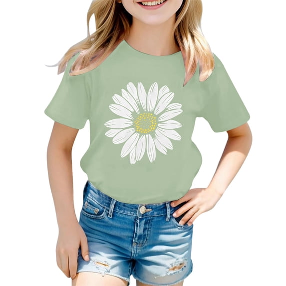 WOYY Girls Casual T-Shirt Sunflower Print Short Sleeve Crewneck Tshirt, Green, Sizes 1-13