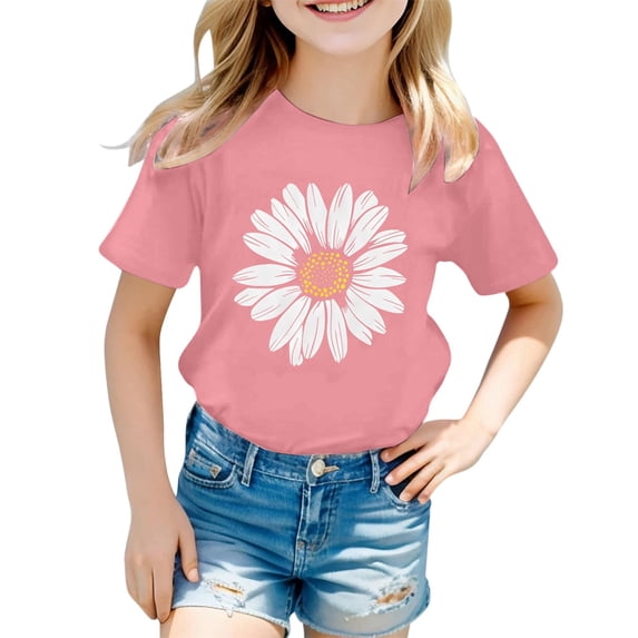 WOYY Girls Casual T-Shirt Sunflower Print Short Sleeve Crewneck Tshirt, Pink, Sizes 1-13