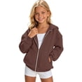 thumbnail image 1 of WOYY Girls Casual Zip Up Hoodie Solid Cozy Comfort Hooded Sweatshirt, Brown, Size 4-15, 1 of 4