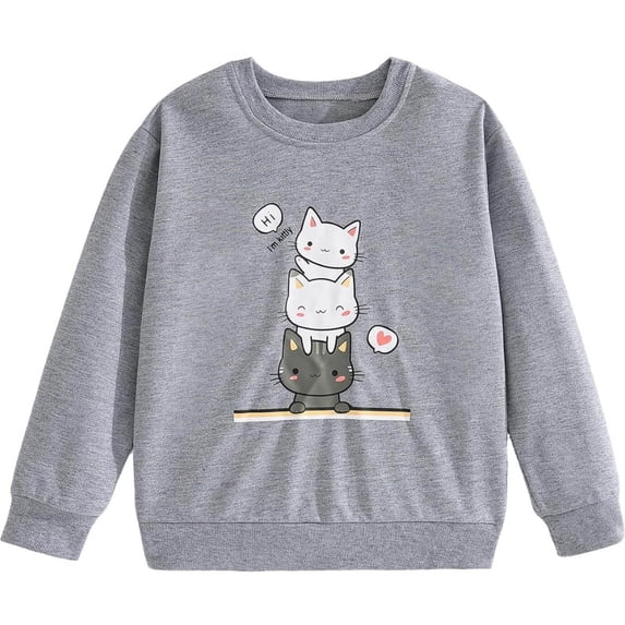 WOYY Girls Cat Graphic Print Crewneck Sweatshirt Long Sleeve Casual Pullover, Sizes 1-14